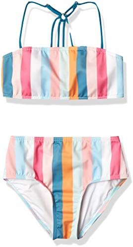 Heart And Harmony Girls' Bandeau Bra Top and High Waist Hipster Bottom Bikini Swimsuit Set, Multi//Sun Kissed Stripe, 8