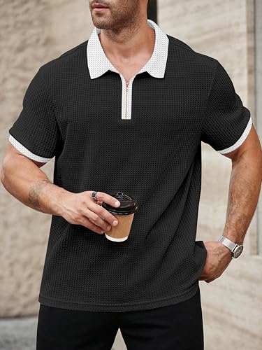 Image of KAJARU Men's Waffle Knit Polo T-Shirt, Short Sleeve, Zip Collar with White Trim (POLO-8034)