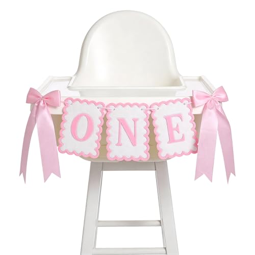 Matwsec One High Chair Banner for Girls 1st Birthday Deep Pink with Bow