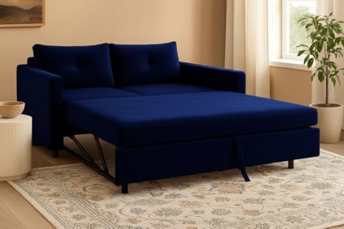 Image of FURNY Soria 2 Seater Pull-Out Premium Fabric Sofa Cum Bed Sofa Set for Living Room (Dark Blue) Premium Velvet Finish | Ideal for Living Rooms, Bedrooms