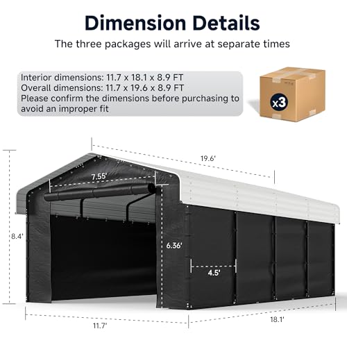 Image of 12x20FT Heavy Duty Metal Carport, Outdoor Carport with Galvanized Steel Frame and Roof, Multi-Use Car Garage Shelter with Removable Sidewalls, Enclosed for Cars, Pickup, Tractors, Tools, Cream White