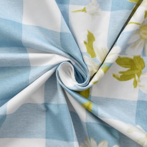 Image of RUMPS King Size Gingham Checkered Fitted Bedsheet (78x72 Inches) with 2 Pillow Covers (18x28 Inches), Soft Microfiber Floral Print Elastic Bedspread, Breathable & Wrinkle-Resistant (Blue)