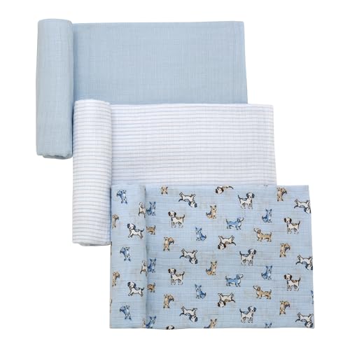 Image of 3 Pack Cotton Muslin Swaddle Blankets for Baby, 40 inch x 36 inch, Lightweight, Breathable, Blue (Puppy Print, Stripe, Solid)