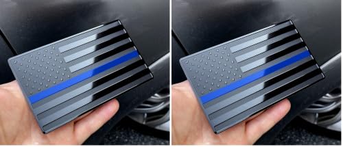 Image of USA Embossed Stainless Steel Metal Flag for Cars, Trucks Show Support of Police and Law Enforcement Officers Black with Thin Blue Line 5 inchx3 inch (Pack of 2)