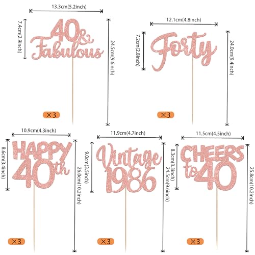 Image of 15 PCS 40th Birthday Centerpiece Sticks Double Sided Forty Happy 40 Vintage 1986 Table Flower Centerpieces Sticks Cheers to 40 Fabulous Floral Decorations for 40th Birthday Party Supplies Rose Gold