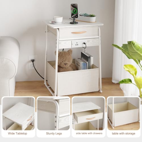 Image of End Table with charging station White Side Table with Storage Rectangular