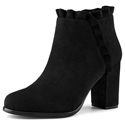 Bottines à talon bloc Allegra K noir en taille 37 avec détails à volants pour femme