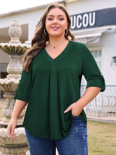 Plus Size Tops for Women V Neck Blouse Pleated Front Loose Fitting Tunic Top Dressy Casual Fall Clothes 2025