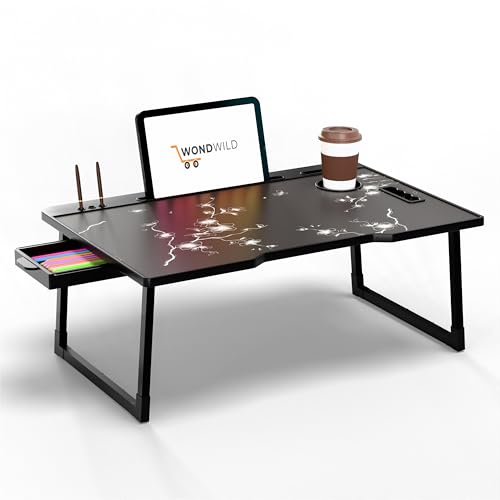 Image of WONDWILD Smart Multipurpose Foldable Laptop Table with Cup Holder, Study Table, Bed Table, Breakfast Table, Foldable and Portable /Ergonomic & Rounded Edges /Non-Slip Legs (ABS Flower)