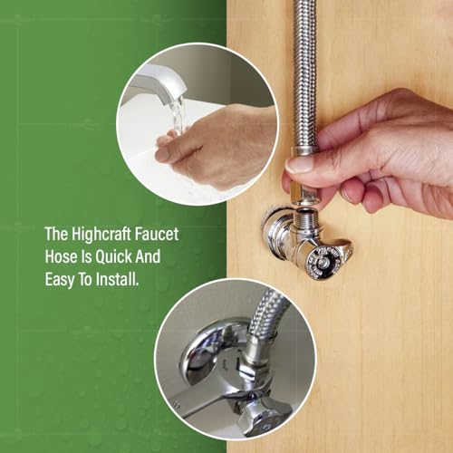 Highcraft CNCT27116-OM-2 Braided Faucet Connector 16" Long, 1/2" IPS Brass Nut X 3/8 Female Fitting, Stainless Steel Lead-Free, 2 Pack