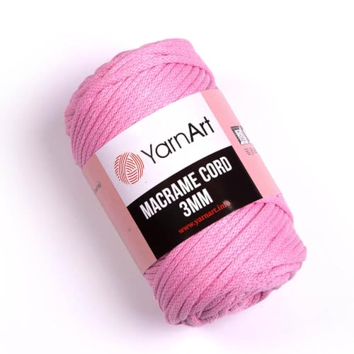 YarnArt Cordon en macramé de 3 mm – Corde en macramé pour loisirs créatifs, nœuds, tentures murales et décoration d'intérieur – 60 % coton, 40 % viscose et polyester, doux et durable (762-rose)