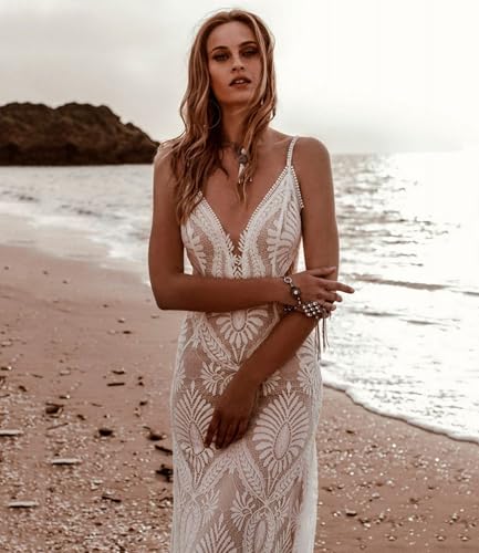 Bohemian Beach Wedding Dress Spaghetti Straps Lace Mermaid Bridal Gown with Train3
