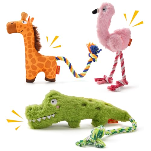 AUSCAT 小型犬 中型犬 犬 おもちゃ ロープ 噛むおもちゃ 頑丈 ロングぬいぐるみ 音が出る 犬用おもちゃ ひっぱりっこ 子犬 鰐＆キリン＆フラミンゴ