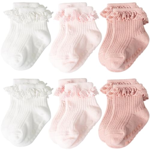 Image of AQOKKA Baby Girl Toddlers Socks with Non-slip Grip Cute Frilly Ruffle Ankle Soft Cotton Newborn Baby Socks for Infant Kids
