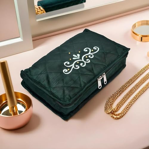 Image of Kuber Industries Embroidery Design Satin Jewellery Pouch Cum Makeup Box, Pack of 2 (Green & Pink)