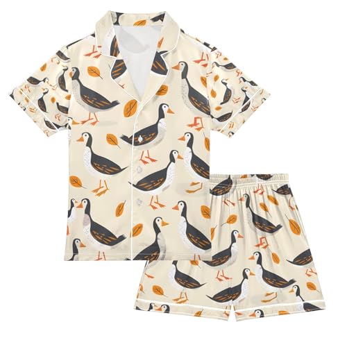 senya Duck and Leaves Satin Summer Pajama Sets Silk Short Sleeve Button Down Sleepwear