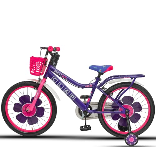 Image of Petal 20T Kids Bicycle with Training Wheels | Backrest, Basket & Full Chain Cover | Ideal for Girls Aged 7-9 Years (Purple-Pink, 20T)
