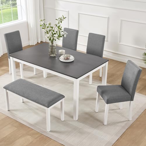 Image of KEIKI 6-Piece Standard Height Dining Table Set with Rectangular Table, 4 Upholstered Curved Backrset Chair, Bench, for 6 Person, Modern Table Set, Easy Assembly, for Kitchen, Dining Room, White+Gray