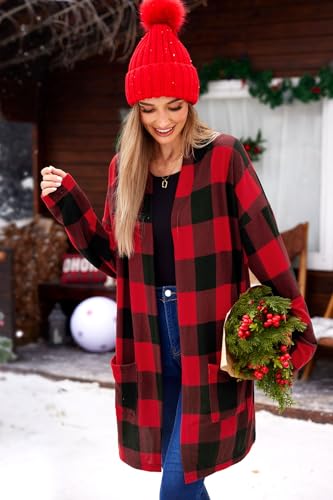 Image of For G and PL Women's Christmas Red Buffalo Plaid Open Front Cardigan with Pockets