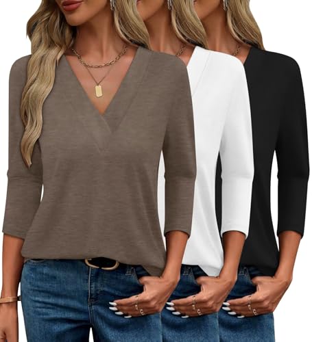 Bliwov 3Pack Womens Fall Tops V Neck 3/4 Sleeve Outfits Loose Fit Soft Clothes Business Casual Beach Oversize Trendy T Shirts