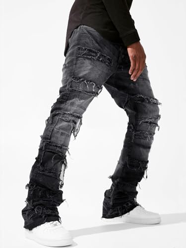 Mens Stacked Jeans Stretchy Distressed Patchwork Slim Fit Straight Leg Denim Pants Hip Hop Trousers Streetwear3