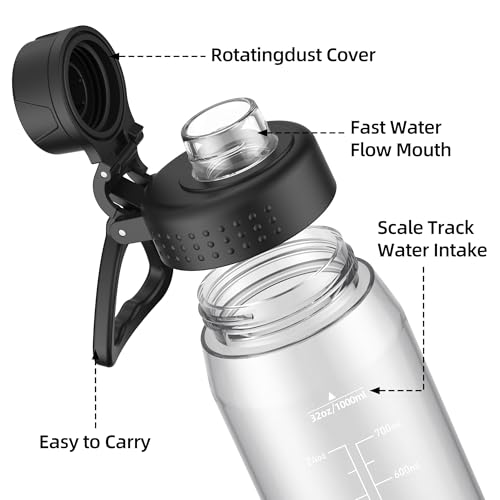Image of 32oz Clear Water Bottle - BPA-Free Tritan Plastic, Fast Flow Spout Lid, Wide Mouth & Leakproof Design Hiking Water Bottle Suitable for Travel, Outdoors, Gym, Travel, Home, School(Clear-Black)