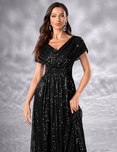 Image of Women's Sequin V-Neck Short Sleeve A-Line Evening Dress Elegant Evening Dresses Party Gowns