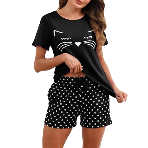 TeJoyce Pyjama Femme Court Été, Deux Pièces Vêtements de Nuit Coton, Ensembles Motif Chat Manches Courtes et Shorts à Pois avec Poche, Léger et Doux...