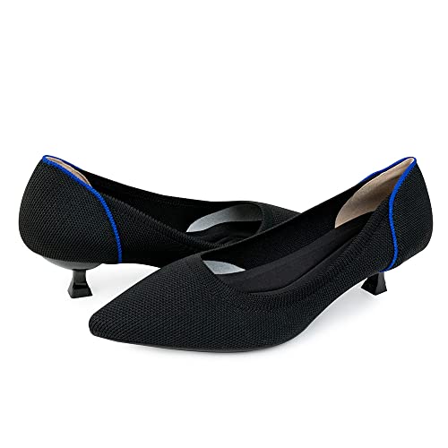 Jbb Women's Low Kitten Heel Pumps Pointed Toe Ballet Shoes Knit Low Wedge Slip On Walking Shoes Casual Dress Loafers Black 6.5 #TOP3