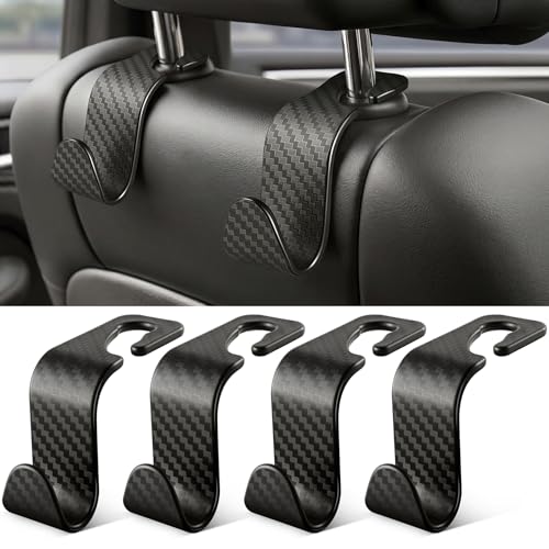 SINGARO Universal 4 Pack Car Seat Headrest Purse Hook Carbon Fiber Back Seat Hook Storage Organizer Hanger for Purse Handbag Coat Car Interior Accessories(Black)