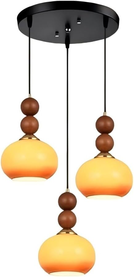 Orange Glass Pendant Light Mid Century Wood Hanging Lamp Adjustable Wire Pendant Lights for Bedroom Living Room Kitchen Island(1 Light)