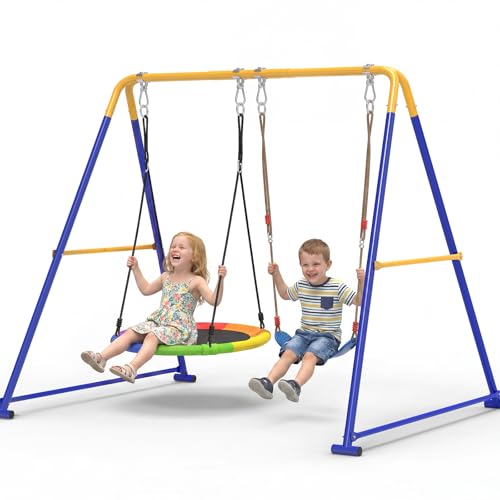 2-in-1 Swing Set for Backyard for Kids, with 1 Platform Swing, 1 Belt Swing, 440lbs Metal Swing Set for Toddler, Heavy-Duty Swing Stand w/8 Ground Stakes, Outdoor Swingset for Kids Adults (Blue)