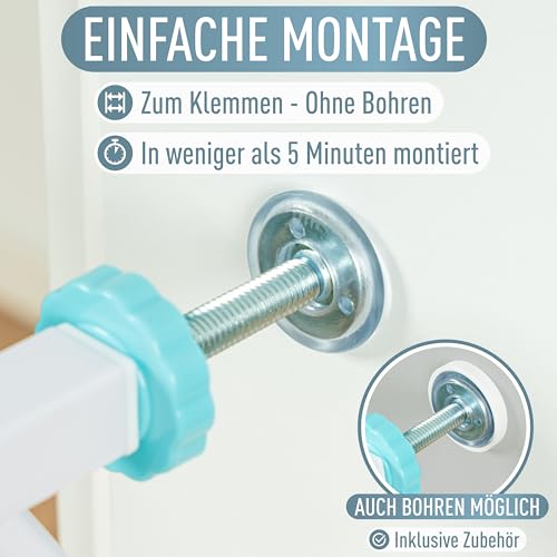 IB STYLE Türschutzgitter Berrin 150-160 cm, Treppengitter für Babys, Treppenschutzgitter ohne Bohren, Türgitter zum Klemmen, Kindergitter, Weiß Türkis