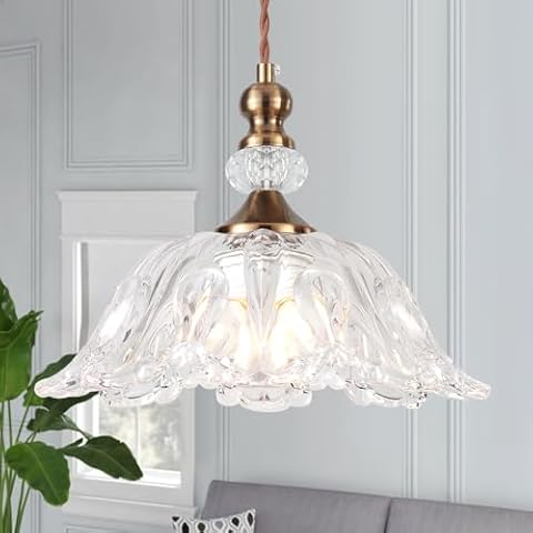 CWarmozy Vintage Small Glass Pendant Light Fixtures for Kitchen Island 10.6" Farmhouse Brass Gold Adjustable Hanging Ceiling Light for Bedroom Coffee Shop Dining Room Sink Table Cover