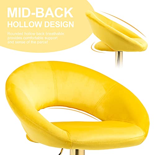 Nordicana Modern Adjustable Height Counter Bar Stools Set Of 2, Yellow Velvet Upholstered Swivel Barstools, Kitchen Island Dining Chairs, Gold Metal Base #TOP4