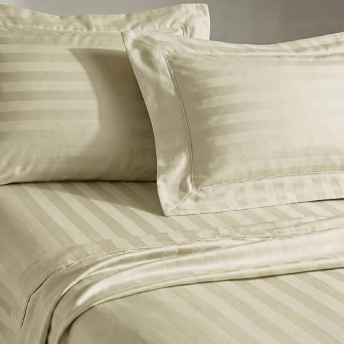 Image of LANE LINEN 100% Cotton Super King Elastic Fitted Bedsheet with 2 Pillow Cases | Damask Stripe 3pc Bedding Set- 1.83M x 1.98M + 30cm Deep Pocket | Breathable Fabric | Oeko-TEX Certified - Linen