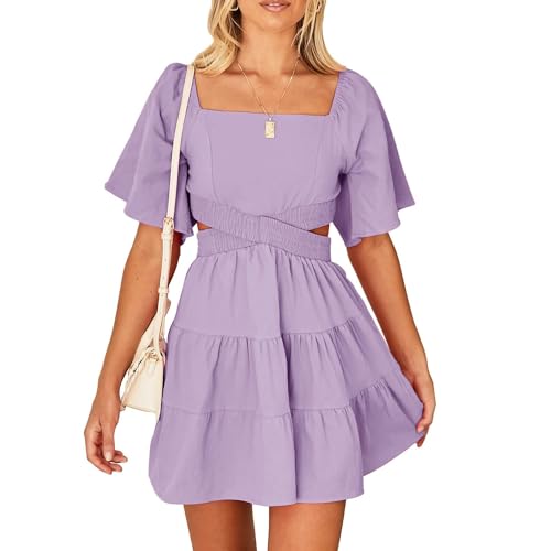 Senllen Womens Summer Dresses 2025 Short-Sleeve Square Neck Mini Dress Crossover Elastic Waist Casual Party Tiered Dress