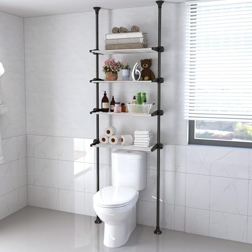 Estantería para inodoro, estantería sobre inodoro con estantes ajustables de 4 niveles, ahorra espacio, barra doble tensora de pie, estantería de baño, organizador de perchas sin necesidad de taladrar
