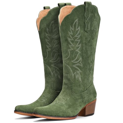 Image of IUV Suede Cowboy Boots for Women Mid Calf Western Cowgirl Boots | Retro Embroidered Snip Toe Chunky Heel Western Boot for Country Concert Music Festival Cowboy Chic