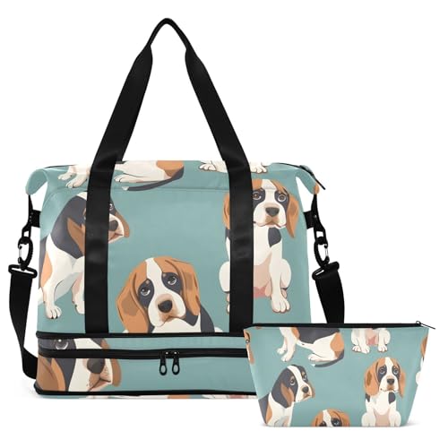 ALAZA Sports Duffel Bags with Toiletry Bag Set,Seamless Beagle Dog Travel Duffel Bags Multi Pockets Weekend Bag