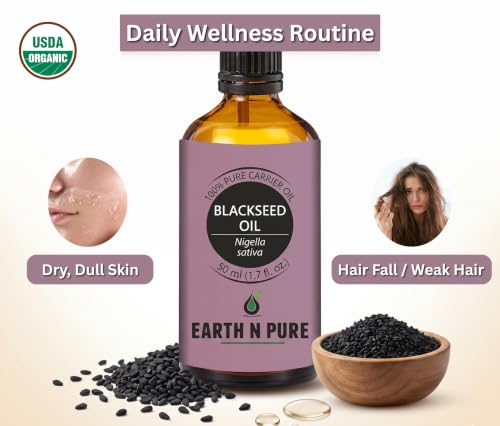 Image of Earth N Pure Black Seed (Kalonji Oil) | 100% Pure & Natural | Cold Pressed Nigella Sativa Oil | Hair, Scalp, Skin & Beard Care | Vegan & Cruelty-Free | 50ml