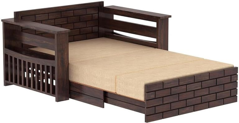 Image of Solid Sheesham Wood Sofa Cum Bed 2 Seater | Wooden Foldable Double Bed for Living Room with Headboard & Storage | Bed Cum Sofa with Mattress for Bedroom Furniture (Walnut Finish)