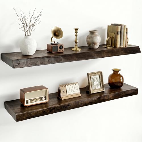 Image of Dreamland Rustic Elm Woood Floating Shelves for Wall Decor, Live Edge 32 inch W x 8 inch D Floating Shelves Set of 2, Wall Mounted Deep Wooden Shelf for Living Room, Bedroom, Kitchen, Bathroom, Walnut