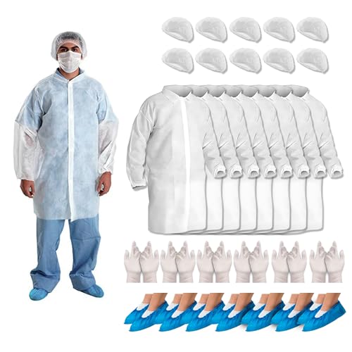 XARA 100 Gorros Desechables Ajustables + 100 Cubrezapatos Impermeables + 100 Batas Desechables Sanitarias TNT 25g + 100 Guantes Desechables - Pack Hipoalergénico y Transpirable - Pack 400
