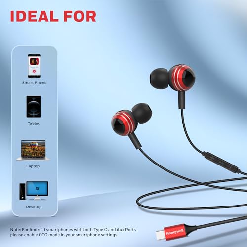 Image of Honeywell Suono P70 Wired in Ear Earphones with Built in Mic 10mm*2 Drivers, Noise Cancelling and Ultra HD Mic, IPX4, Voice Assistant Enabled, HD Sound & Clear Audio, Type C Compatible, 1.2 Mtr