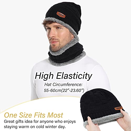 Mens Womens Winter Beanie Hat Scarf Set Warm Knit Hat Thick Fleece Lined Winter Cap Neck Warmer For Men Women A Black #TOP1