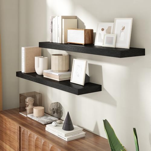 Image of 40 Inch Floating Shelves for Wall, 8 Inch Deep Floating Shelf for Storage & Display, Rustic Wall Mounted Shelf with Invisible Brackets for Living Room, Kitchen, Bathroom, Home Decor, Set of 2, Black