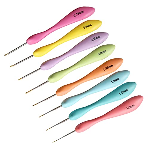 Katech 8 pcs Crochet Hooks Ergonomic Handle Knitting Needles Kit Different Small Sizes Lace Crochet Hook Set DIY Yarn Weaving Craft Tools for Fine Work and Lace Knitting (1.0mm - 2.75mm)