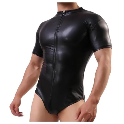 Body Jockstrap en simili cuir PU une pièce à manches courtes for hommes, Sexy Fitness Bodybuilding Wrestling Singlet Zipper Front Justaucorps Shapewear Singlet U Convex Pouch Sous-vêtements(XL)