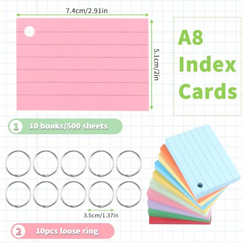 Tikplus Karteikartenset 500 Liniert Karteikarten, A8 Lernkarten mit Ring, 10 Farben Klein Karten zum Vokabeln Lernen, Beidseitig Beschreibbar Flashcards für Lernen Formeln oder Notizen,5.1x7.4cm